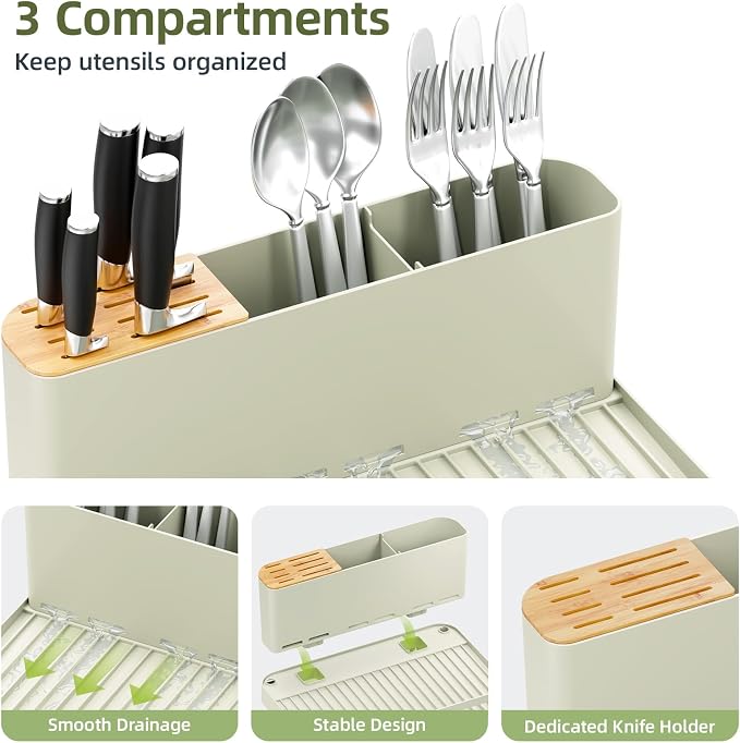 Urackify Extendable Dish Rack, 18.5"-26.7" L x 12.7" W, Soft Celery Green | Multifunctional large dish rack with cup holder and built-in cutlery holder for versatile drying needs