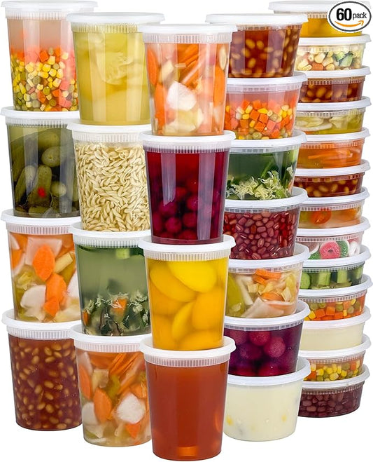 60 Sets (120-Piece) Deli Containers with Lids, 32/16/8 oz X 20 Set Each | Leak-Proof & BPA Free Airtight Takeout Plastic Food Storage Containers for Soup, Freezer/Microwave