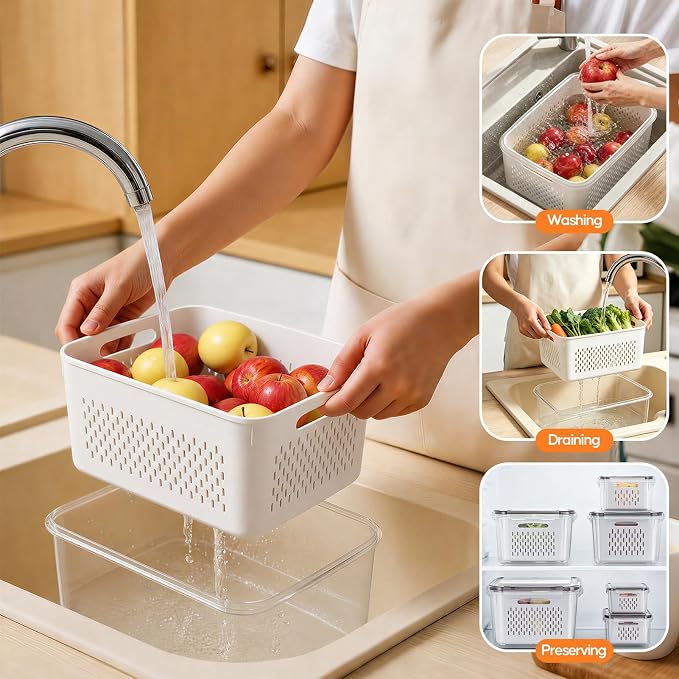 JSCARES Fruit Storage Containers for Fridge - 5 Pack Produce Storage Containers with Removable Colander, Food Organization Keep Fruits Berry Veggie Salad Meat Fresh Longer, Dishwasher Safe