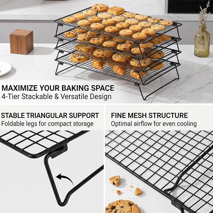 Cooling Rack for Baking 4 Tier, 17" * 11" Cookie Cooling Wire Rack for Roasting Grilling, Stackable Baking Racks for Cooking, Bread, Pizza, Cake, Oven and Dishwasher Safe