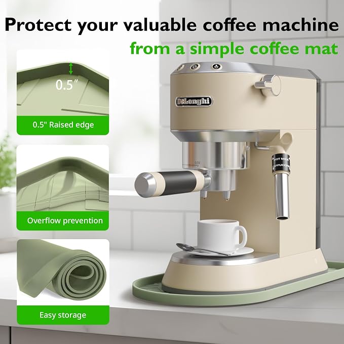 Silicone Coffee Mat,15.8"x 11.8"in Bar Mat for Countertop,Heat-Resistant,Non-Slip,Leak-Proof,Fit for Coffee Maker/Espresso Machine-Green