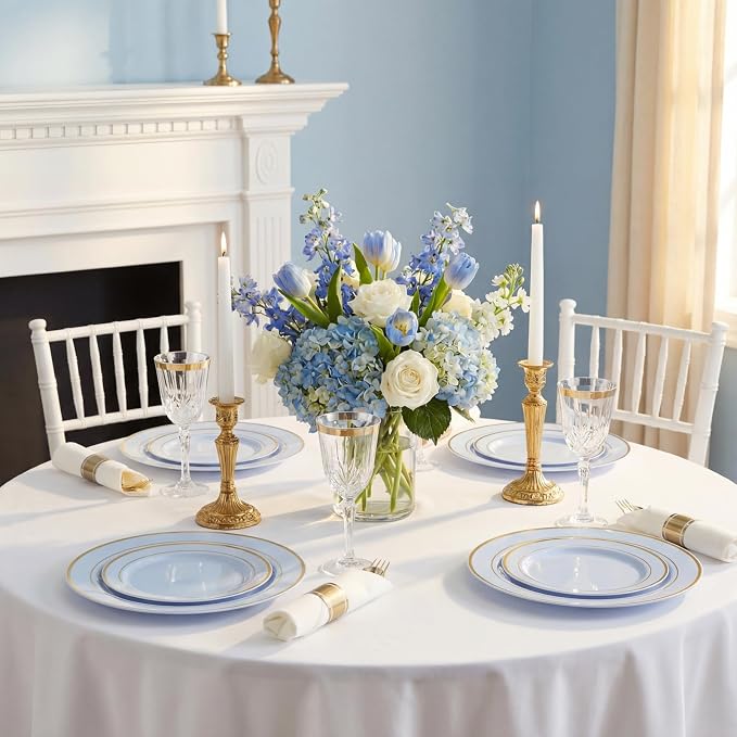 175PCS Blue Plates Disposable - Baby Blue Plastic Plates - 25Guests Plastic Dinnerware with Rolled Napkins for Wedding/Birthday/Baby Shower