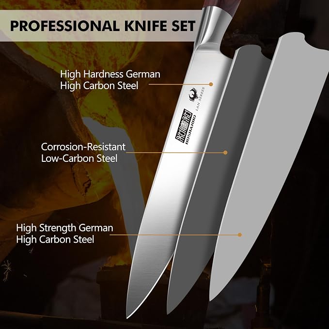 HOSHANHO 7PCS Kitchen Knife Set with Block, Sharp Chef Knives & Sharpener | High-Carbon Stainless Steel Cooking Knife Set, Ultra Sharp Professional Knife Set with Ergonomic Wood Handle, Ideal Home Gift