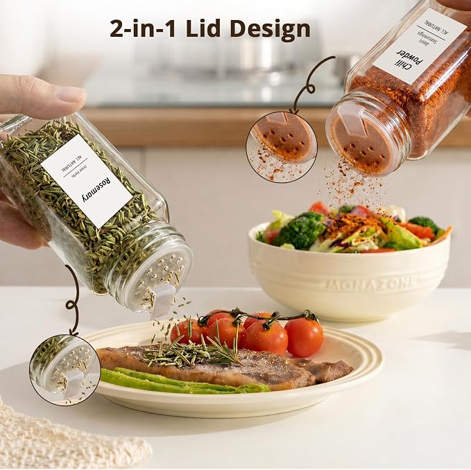 SHOWIN Spice Jars with Label, 6oz Spice Containers with Bamboo Lids 12pcs, Glass Spice Jars with Lids, Square Seasoning Containers for Rack, Cabinet, Drawer, Home Kitchen Seasoning Organizer