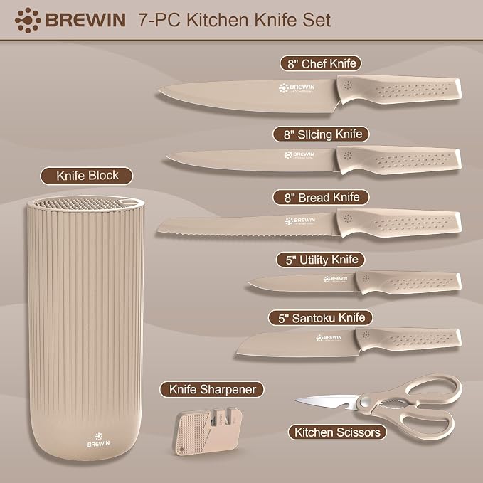 Knife Set, Brewin Kitchen Knife Set, Knives Set for Kitchen, Universal Knife Block, Utility Knife Block Set, New Home Essentials, Apartment Essentials, Camping essentials, RV Essentials
