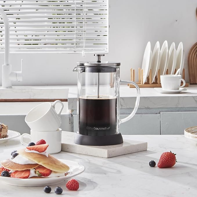 Elite Gourmet FP1223 French Press Coffee Maker, 1-Liter Glass Carafe | Double-wall insulated borosilicate glass, dishwasher-safe steel filter/plunger, removable silicone base - easy to clean