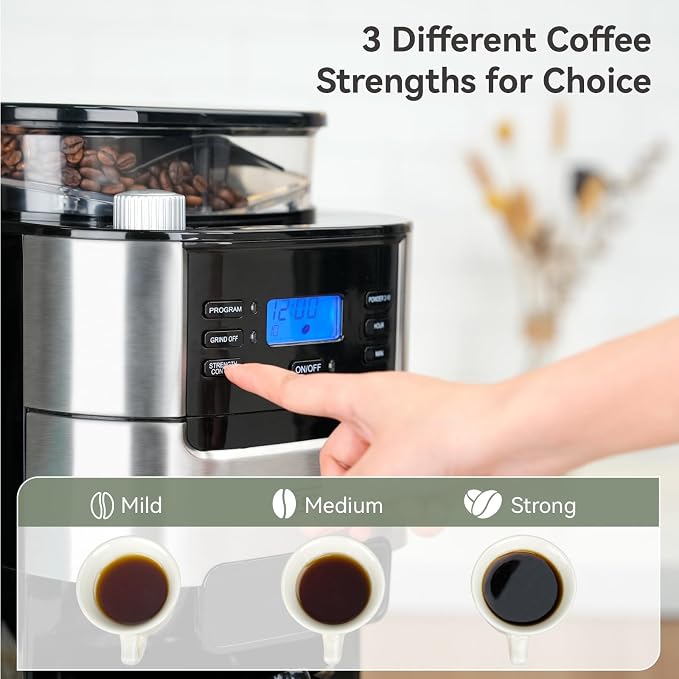 Gevi All In One 10-Cup Grind & Brew Coffee Maker with Built-In Burr Grinder | 24-Hour Programmable Timer, 1.5L Water Tank, Warm Plate, Reusable Filter & Glass Carafe for Daily Fresh Coffee Brewing