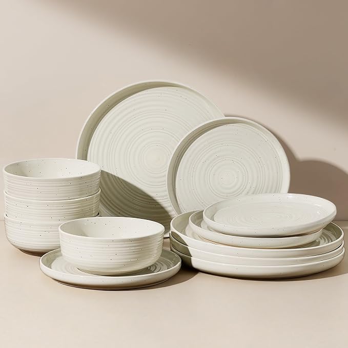 Stoneware Dinnerware Sets for 4, Plates and Bowls, Cream | 12-Piece Ceramic Speckled Spiral Dishes, Chip & Scratch Resistant, Microwave & Dishwasher Safe, Everyday Use, Farmhouse Style