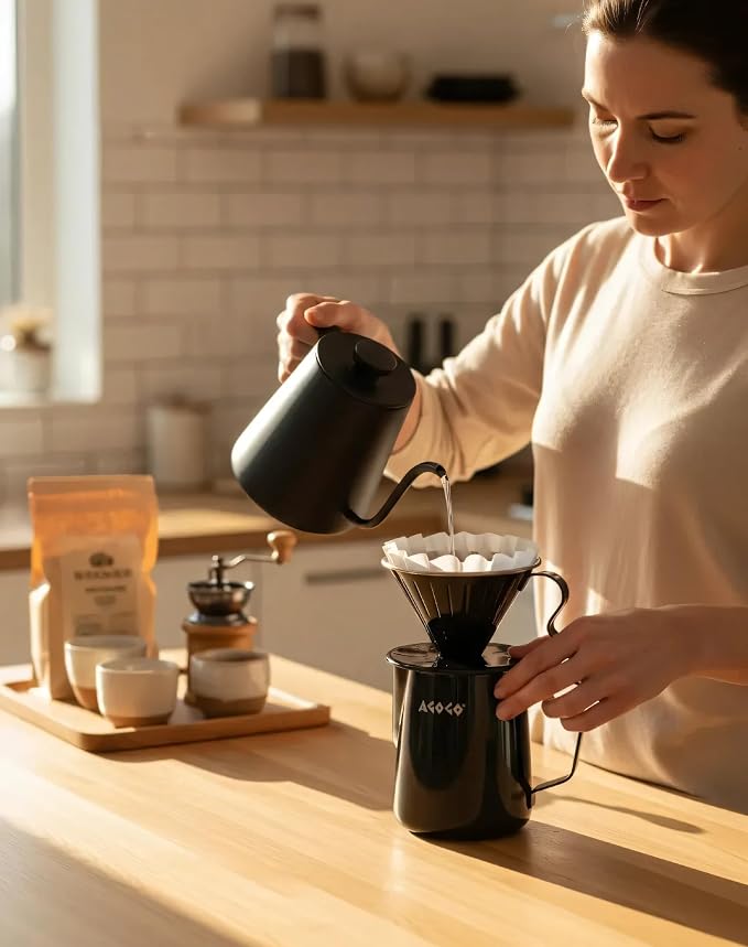 AGOGO Stainless Pour Over Coffee Maker Set, 50 Paper Filters, 20oz, Black | Unbreakable carafe for kitchen RV camp and office, includes barista towel, lead-free food grade 304 stainless steel