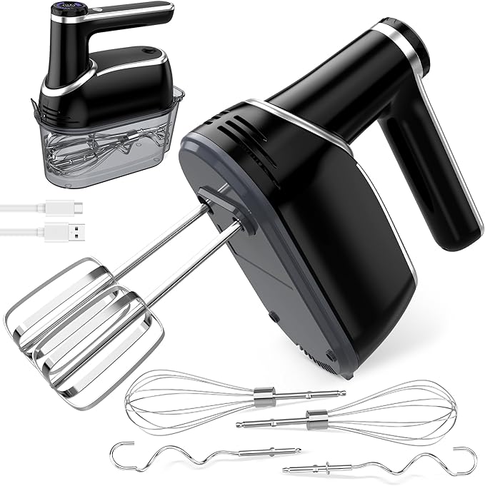 binROC Cordless Electric Hand Mixer, 12-Speed with Storage Case, Black | Rechargeable, Eject Button, LED, Self-Stand, 6×304 Stainless Attachment, Overheat Protection, Quiet for Baking Dough Cake Egg