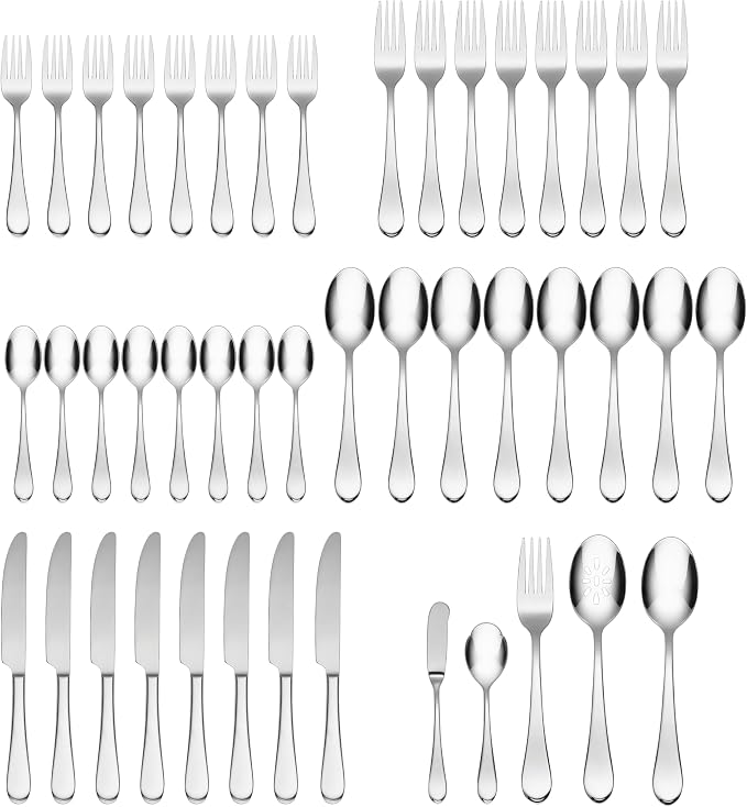 Oneida Icarus 45-Piece Flatware Set, Service for 8, Silver | mirror finish, dishwasher safe | includes serving spoons and utensil set | heavy duty, cutlery set for kitchen and dining