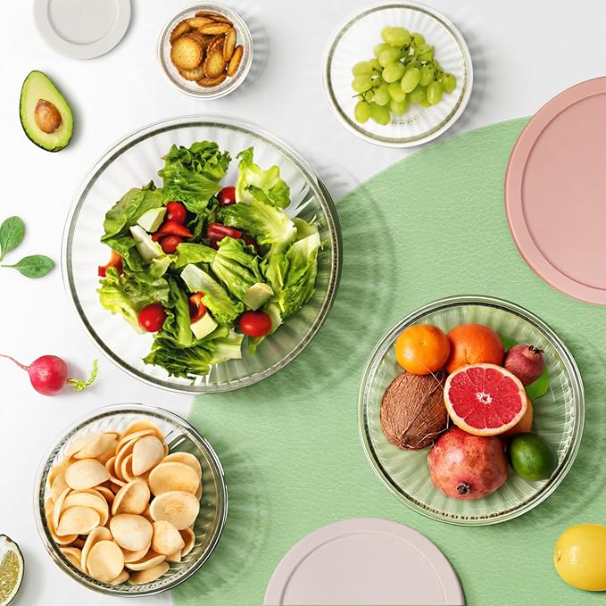 Glass Mixing Bowls with Lids Sets, 5 PCS Glass Bowls for Kitchen service | For Baking, Meal Prepping and Salad, Bpa Free, Microwave, Dishwasher and Oven Safe Serving Bowls, 0.2/0.5/1.1/2.1/3.7Qt