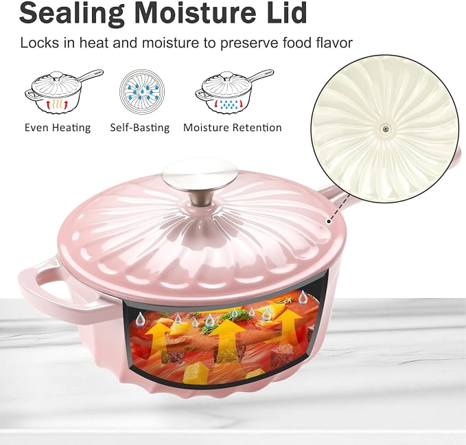 Enameled Cast Iron Sauce Pan with Lid, 1 Quart Saucepan with Lid | Dutch Oven with Lid, Small Cast Iron Pot for Cooking Pasta, Soup, Milk, Induction & Oven Safe Up to 500°F, Pink