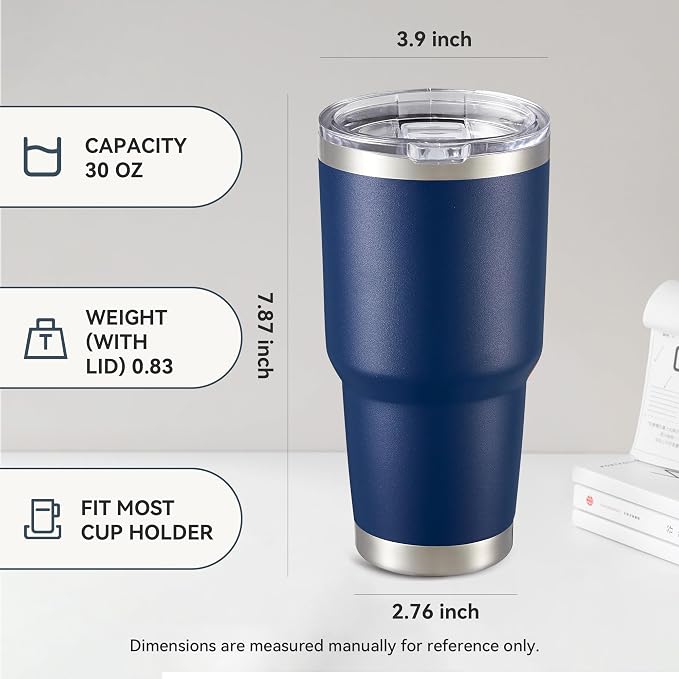 30 oz Tumbler with Lid Stainless Steel Tumblers Bulk, 8 Pack | Vacuum Insulated Cup, Leak Proof Lid, Powder Coated Travel Mug, Double Wall, Keep Cold Drinks for 12 Hours, Navy