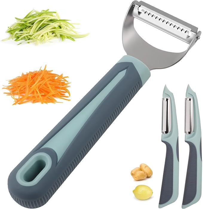 Julienne Peeler Vegetable Peeler with 4.8'' Long Silicone Handle | Non-slip grip & sharp blade; Y carrot shredder-for strips; Potato/serrated peeler-ordinary peeling/soft skin; 3 Pack; Blue