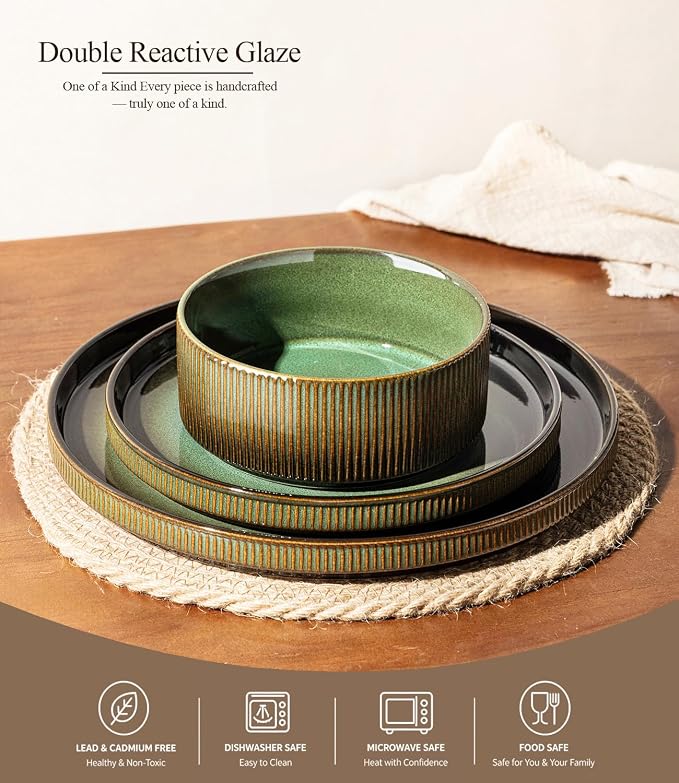 GBHOME Stoneware Dinnerware Sets for 4, 12-Piece Plates and Bowls Set | Handmade Reactive Glaze Ceramic Dish Set, Scratch Resistant, Dishwasher&Microwave Safe,Mocha & Green