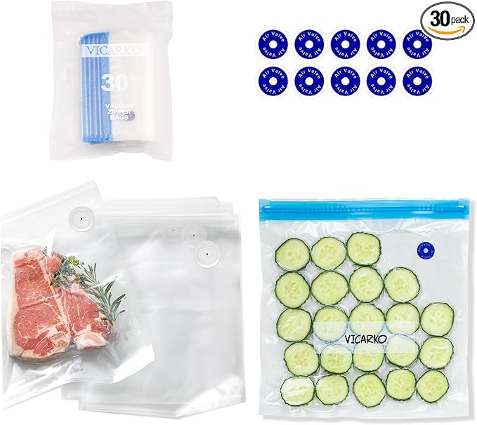 VICARKO 30 PCS Vacuum Zipper Bags Vacuum Sealer Bags 4.3L, 13.5 x 10.5" | Reusable Bags, Double Layers, BPA Free, Meal Prep and Sous Vide Cooking, Microwave Heating, 20 Blue Classic+10 White Upgraded