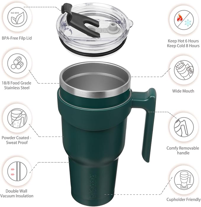BJPKPK 40 oz Tumbler with Handle & Straw, Insulated Stainless Steel Mug | Double Wall Vacuum, Keeps Hot/Cold, Thermal Cup, BPA Free, Dishwasher Safe, Cupholder Fit, Coffee & Travel, Army Green