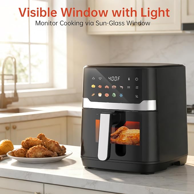 VUSIGN Air Fryer 6.8QT, 10-in-1 Functions Airfryer with Visible Window, 400°F Fast Heating & Adjustable Bottom Heater for Crispier Results, Nonstick & Dishwasher-Safe Basket, 1700W, Black