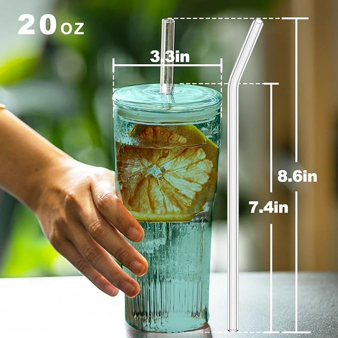 JunVpic Glass Coffee Tumbler, 20 oz Glass Cup with Lid and Straw | Green glass design, Hammered Texture, reusable straw and lid for iced coffee, tea, smoothies and hot & cold drink