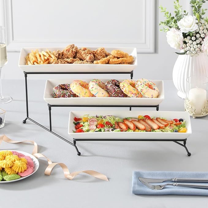 MALACASA 3 Tier Serving Trays, White Porcelain Serving Platters, 14 Inch | Tiered Cupcake Stand for Party, Fruit Tray, Trays for Serving Food, Dessert Stand with Collapsible Sturdier Metal Rack