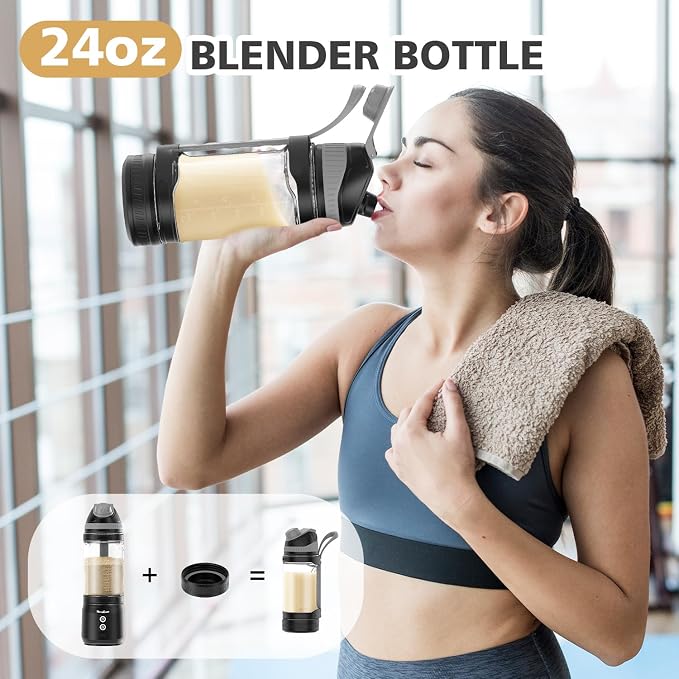 Portable Blender Personal Juicer for Shakes Smoothies with Travel Lid | 24 Oz Electric Protein Shaker Bottle, USB-C Rechargeable, Mini Small Cordless Blender Cup for Kitchen Travel Gym