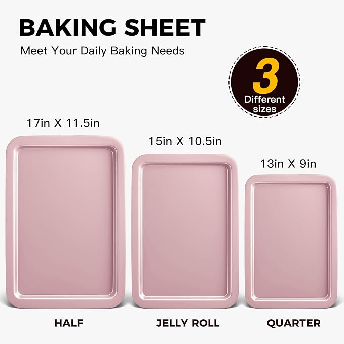 Baking Sheet Pan Set, Cookie Sheet for Oven, Nonstick Bakeware Sets with Wider Grips, 3 Pack Half/Jelly Roll/Quarter Baking Tray, Premium, Dishwasher Safe-Pink