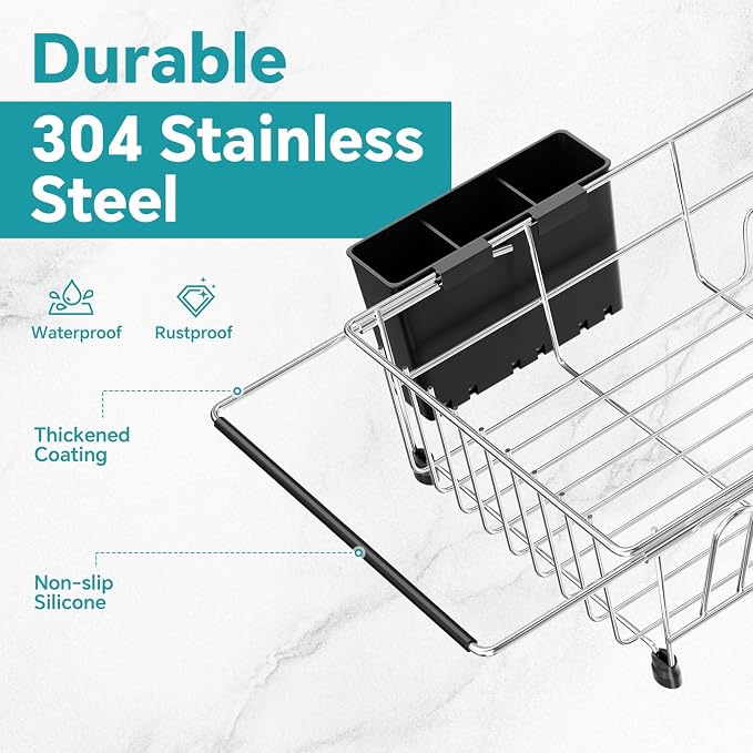 Simple Trending Dish Drying Rack in Sink with Utensil & Cup Holder | Expandable Dish Rack Over The Sink, Stainless Steel Dish Drainer for Small Kitchen, Space Saving, Non-Slip Feet, Fast Drain