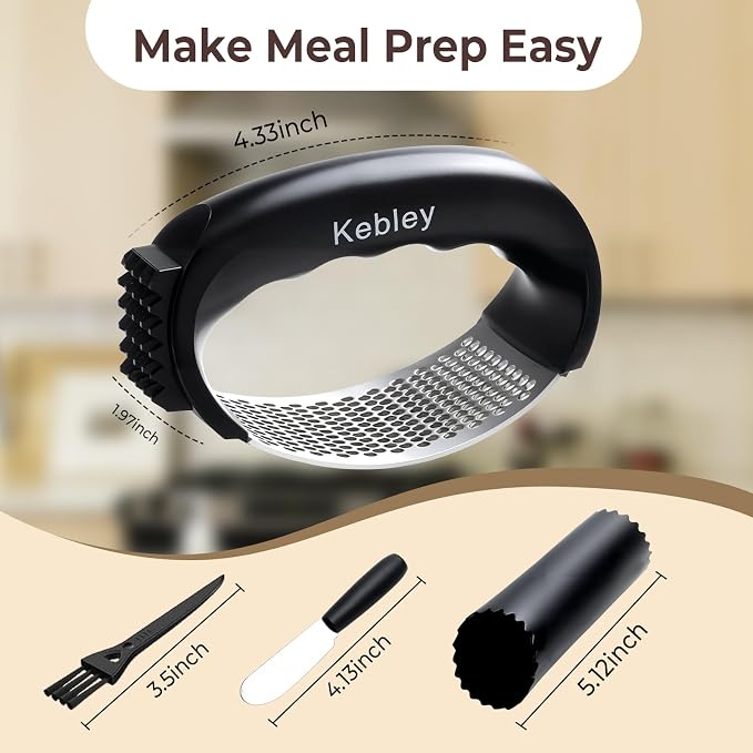 Garlic Press Rocker Stainless Steel Garlic Crusher, Mincer and Chopper with Peeler and Scraper,brush, Easy Kitchen Gadget for Effortless Smashing