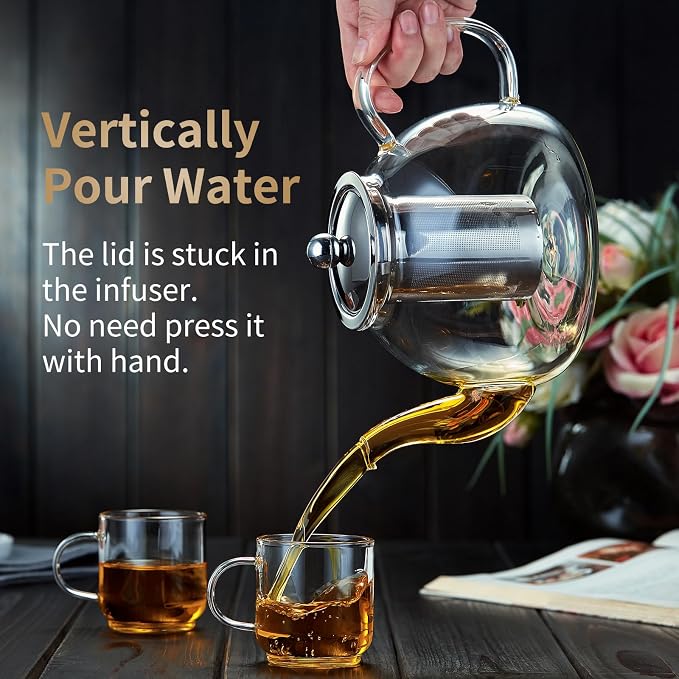 DOPUDO 40OZ (1200ML) Glass Teapot with Infuser Stovetop Safe, Clear Glass Tea Pot Kettle, Borosilicate Tea Pot with Infusers Filter for Loose Tea, Tea Kettle Dishwasher Safe.