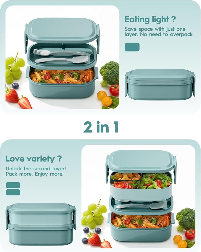 BiuLeon Bento Box Adult Lunch Box, 65 Oz Capacity Lunch Containers(Adjustable 2/3 Tier), BPA-Free, Leak-Proof and Stackable Bento Lunch Box, Microwave & Dishwasher Safe with Utensils(Green)