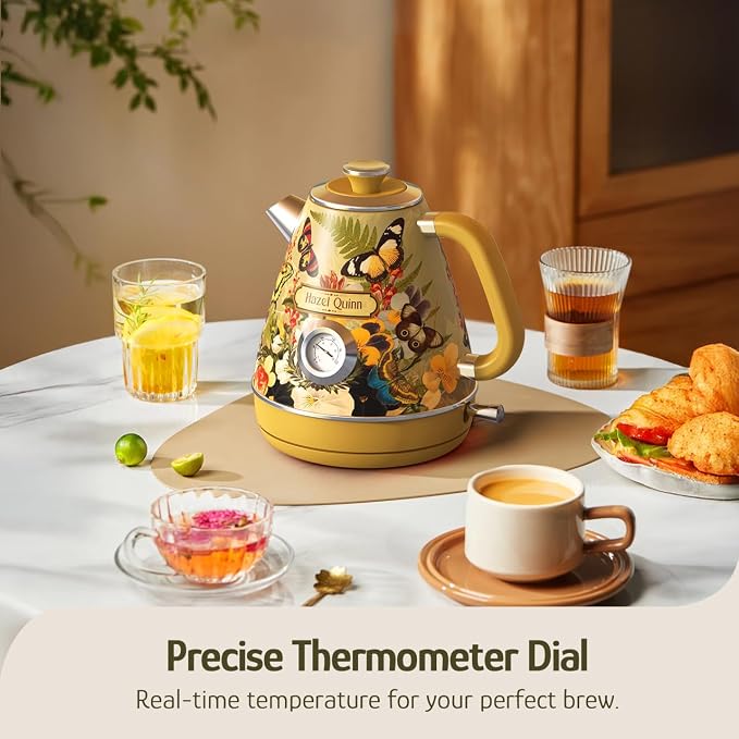 Hazel Quinn X Eduardo Recife Retro Electric Kettle with Thermometer, Floral | 1200W Fast Water Boiling, 1.7L/57oz, All 304 Stainless Steel Interior, BPA-Free, Auto Shut-Off, Cordless Retro Teapot, Home
