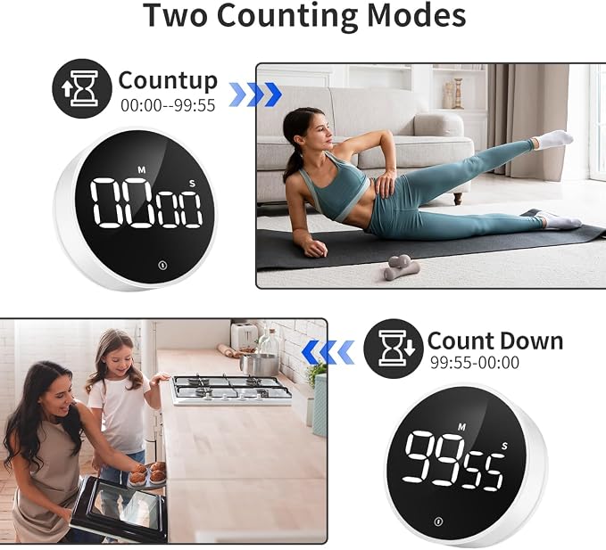 Digital Magnetic Kitchen Timer & Stopwatch with LED Display, White | Up to 99:55 Countdown & Count Up , Easy Twist Control, Adjustable Volume & Brightness, Magnetic Back, Battery Powered