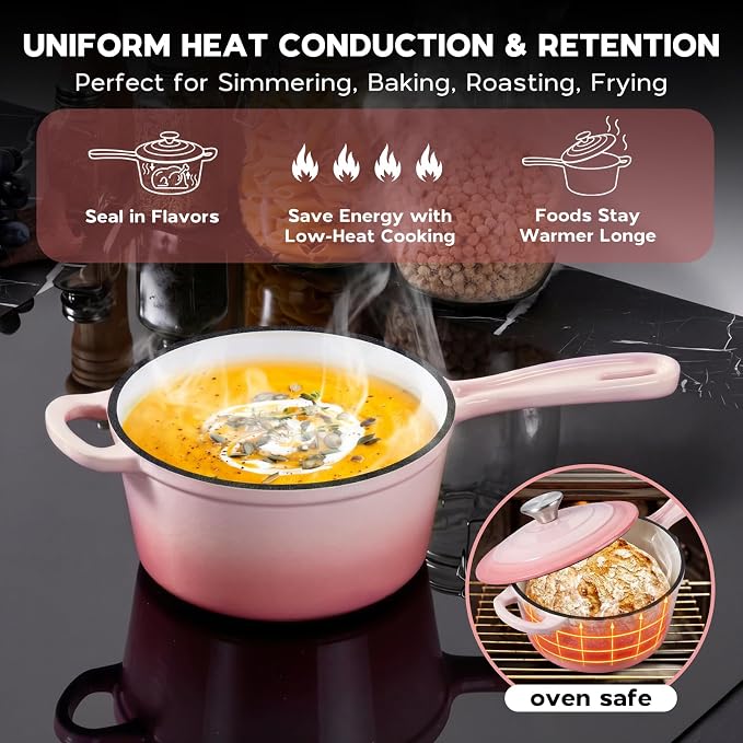 Onader 1QT Enameled Cast Iron Saucepan with Lid, Small Sauce Pan, Enamel Cast Iron Dutch Oven Cooking Kitchen Pot, Nonstick – Pink