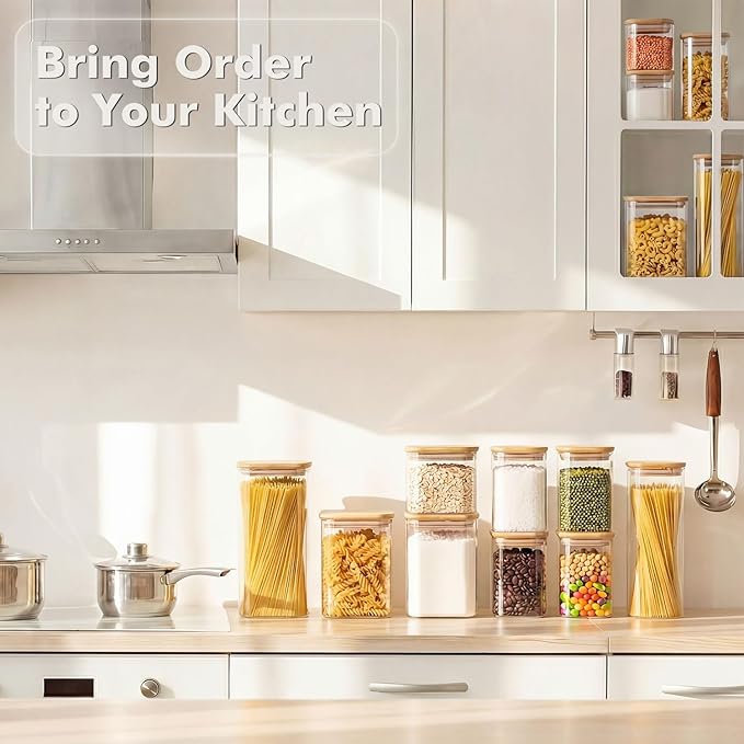4-Pack 1.2Qt Square Glass Storage Jars with Bamboo Lids | Minimalist Kitchen Organizer,Pantry Storage Container,Food Storage Container,Scandinavian Style Storage,Nordic Style Storage