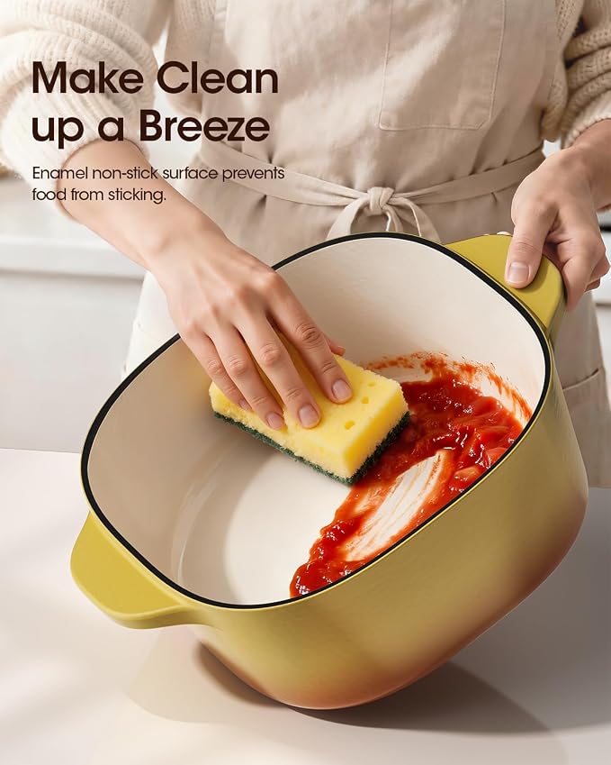 5 Quart Enameled Cast Iron Dutch Oven Pot with Lid, Bright Yellow | 6-Layer Nonstick Enamel, Extra Capacity Oval Design, Heavy Self-Basting Lid, Heat-Resistant Silicone Pad Included