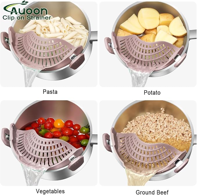 AUOON Pot Strainer Clip on Silicone, Large 10.45 x 4.33 in, Almond Rose | Fits Pots Pans Bowls, Dishwasher Safe, for Pasta Noodles Vegetable Fruits, Space-saving Kitchen Gadget