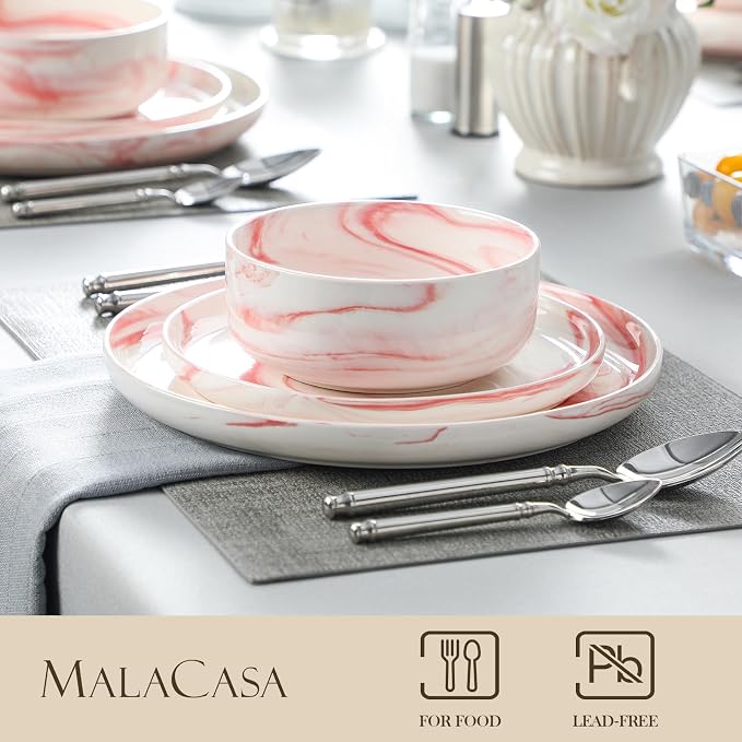MALACASA 12 Pcs Porcelain Plates and Bowls Sets,Dinnerware Set for 4,Pink | Modern Ceramic Dishware Set,Kitchen Dining Ware,Microwave and Dishwasher Safe,Unique Marble Pink Design,Series LUNA