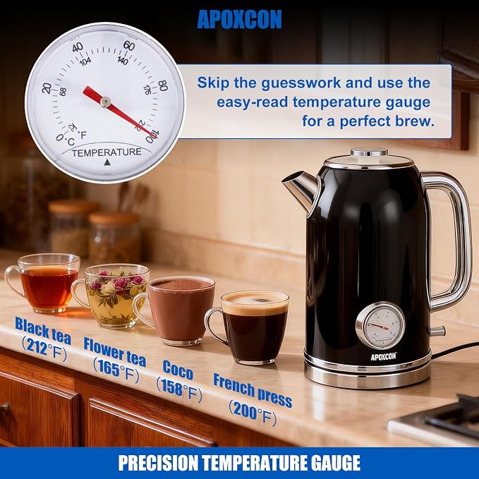 APOXCON Retro Electric Kettle with Thermometer, 1.8L Stainless Steel, Black, Cordless, 1000W Fast Boiling, Automatic Shut Off