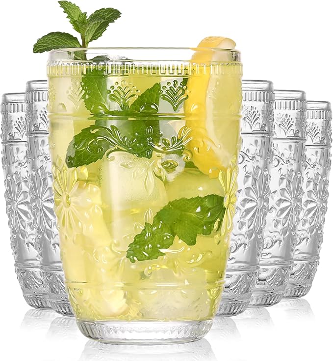 abrwyy Clear Glasses Drinking Set, 14oz Water Glasses, Vintage Glassware | Dishwasher Safe, Non-Slip, Lead-Free Glass, Home Decoration