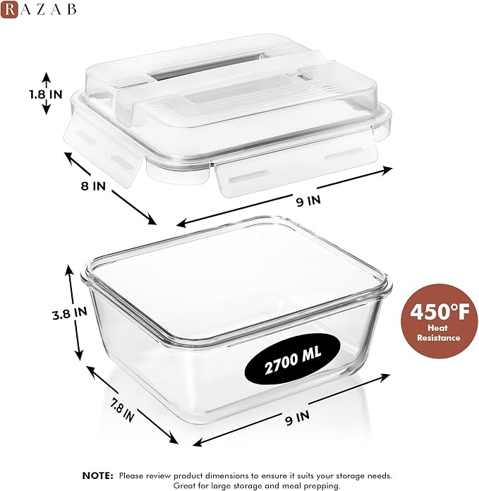 Razab 2700ml / 91Oz / 11.5 Cups Large Glass Food Storage Containers with Lids - Glass Meal Prep Containers for Roasting & Storing Leftover, Glass Lunch Container, Microwave & Oven Safe