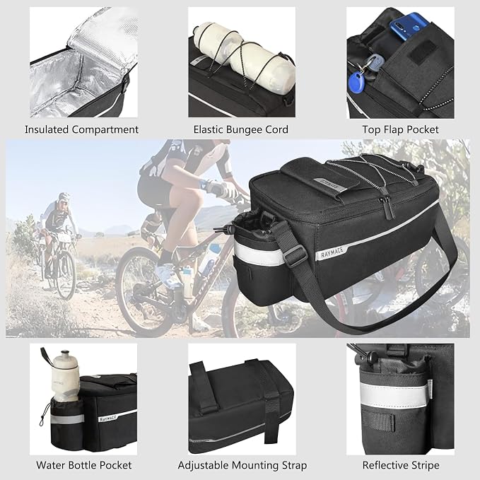 RAYMACE Bike Rear Rack Bag, Bike Trunk Cooler Bag | Bicycle Pannier for Warm or Cold Items(Black)
