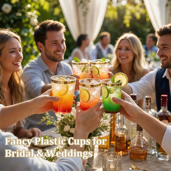 DaYammi 200 Pack Gold Plastic Cups 10 Oz Clear Cup Gold Rimmed Disposable Wine Glasses Fancy Disposable Party Cups Tumblers Drinking Cup Plastic Cocktail Glasses gold disposable cups for Party Wedding