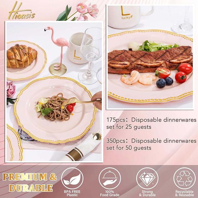 350 Pcs Pink and Gold Plastic Plates for Wedding & Party | Pink Plastic Dinnerware Set Includes 50 Dinner Plates, 50 Dessert Dinnerware, 50 Cups, 50 Rolled Napkin Cutlery