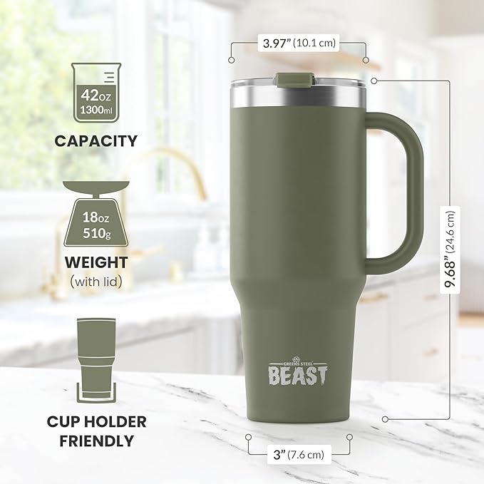 Beast 42 oz Tumbler with Handle Stainless Steel Vacuum Insulated Coffee Ice Cup Double Wall Travel Flask (Army Green)