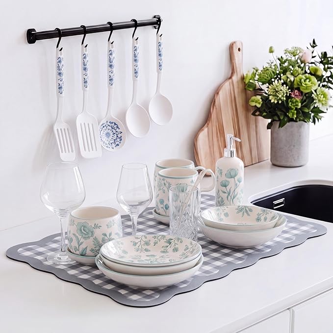 Gray Scalloped Gingham Coffee Mat 12" x 20" Absorbent Bar Mat | Gingham Espresso Matt with Non Slip Rubber Backing for Coffee Countertops