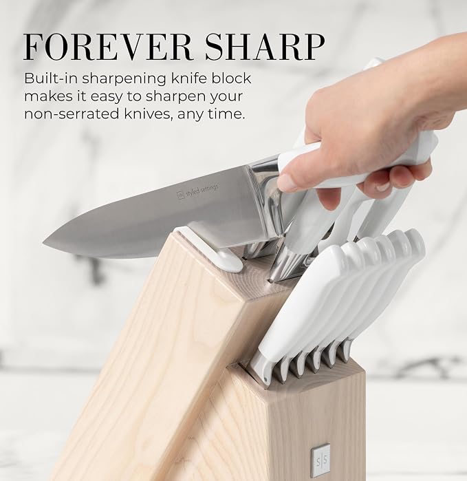 Styled Settings White Knife Set with Block and Sharpener, 14-Piece | High Carbon Stainless Steel Knives with Ashwood Block and Built-In Sharpener - Durable White Kitchen Accessories for Cooking