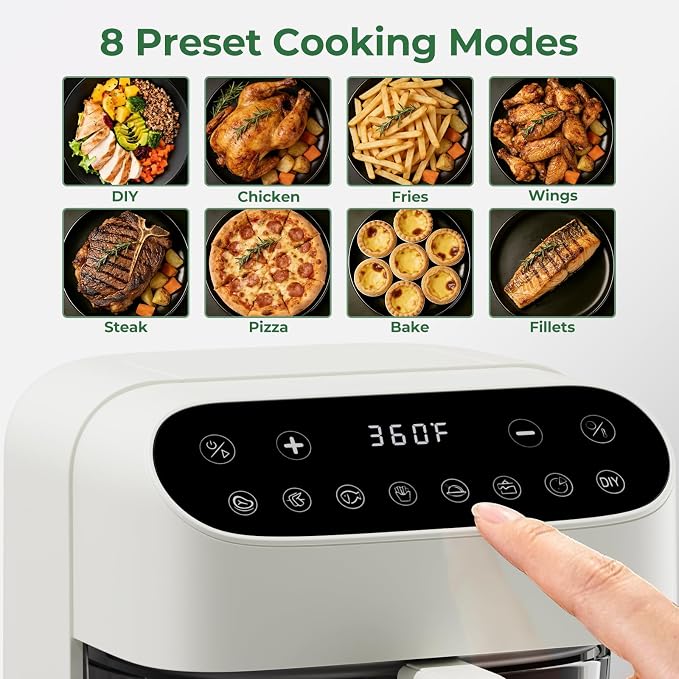 5 QT Glass Air Fryer, Non Toxic Airfryer with Digital Touch Control | 8 Preset Modes, PTFE/PFAS Free, BPA-Free, Uncoated High Borosilicate Glass Basket, Dishwasher Safe, White