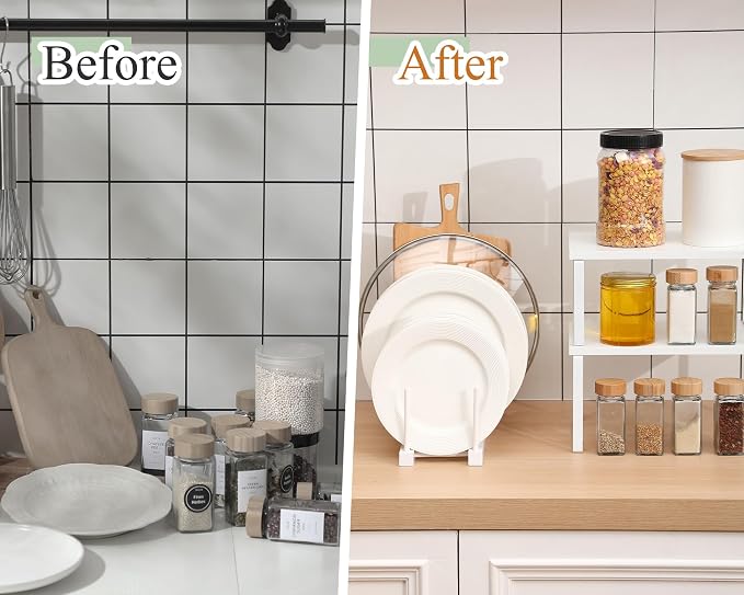 Marsui 4 Pcs Kitchen Organizer Accessories Set for Cabinet,White | Cabinet Organizer Shelves, Bamboo Dish Drying Plate Rack, Wooden Counter Storage Holder, for Spice Dish Pot Lid Bowl Cup