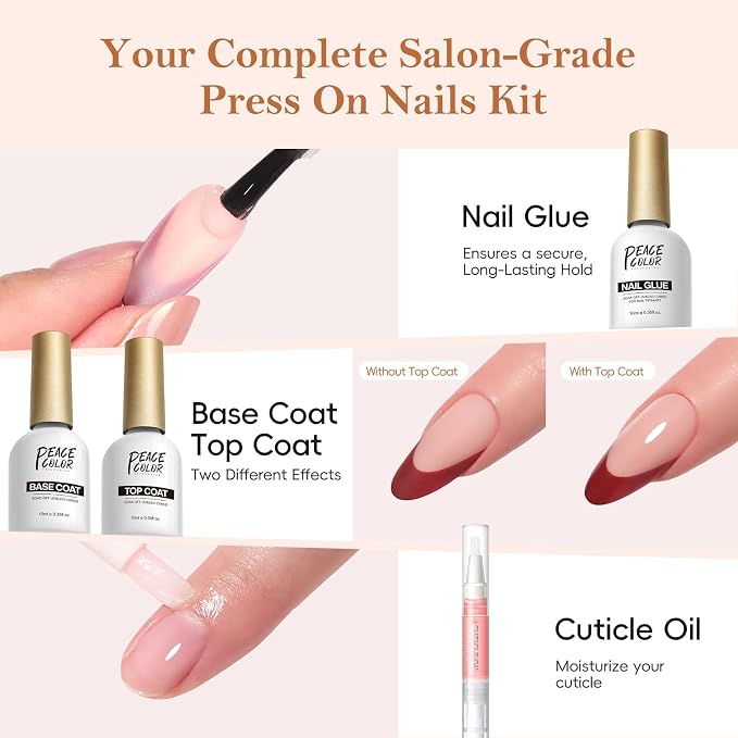 PEACECOLOR French Tip Press On Nails Kit - 150Pcs Long Almond 5 Colors Nail Tips Gel Nail Kit with U V Light Base & Top Coat Starter Kit Nail Glue Full Set Fake Nails DIY Gift for Women Girls Home